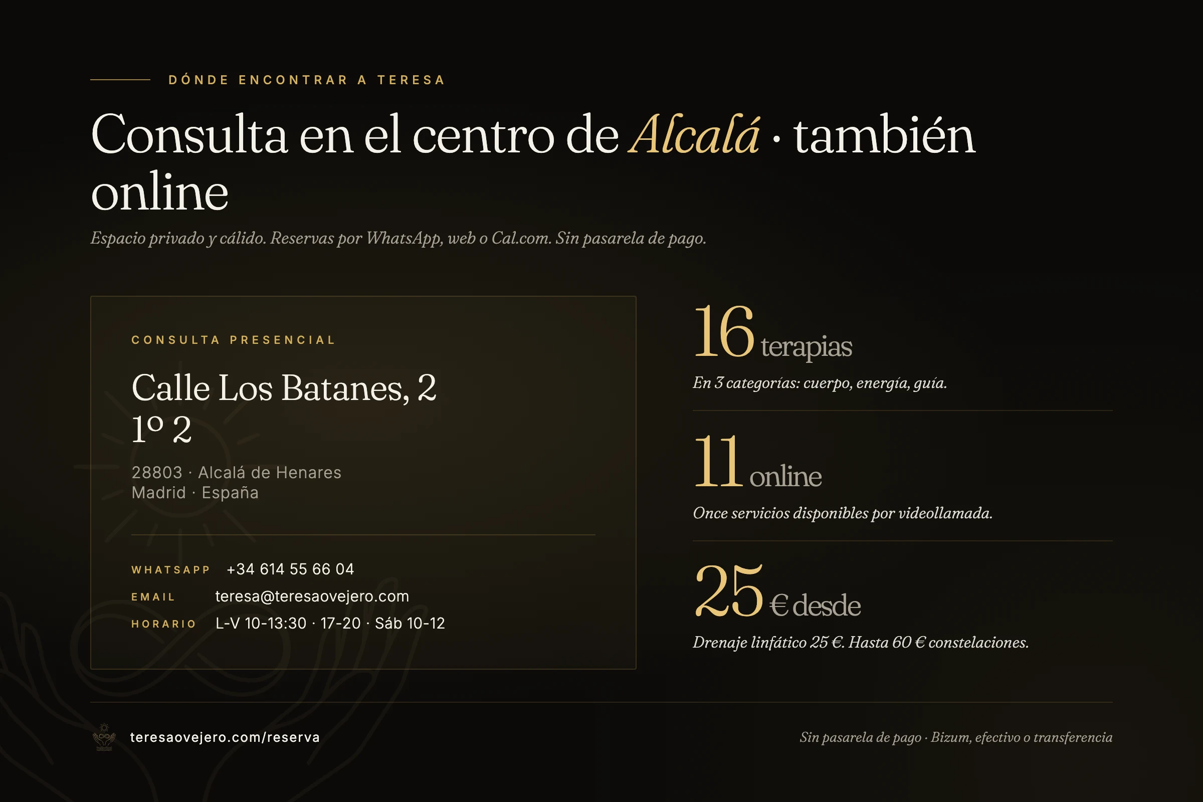 Datos de contacto de la consulta de Teresa Ovejero en Alcalá de Henares: Calle Los Batanes8803. WhatsApp +34 614 55 66 04, email teresa@teresaovejero.com, horario L-V 10-13:30 y 17-20, Sáb 10-12.