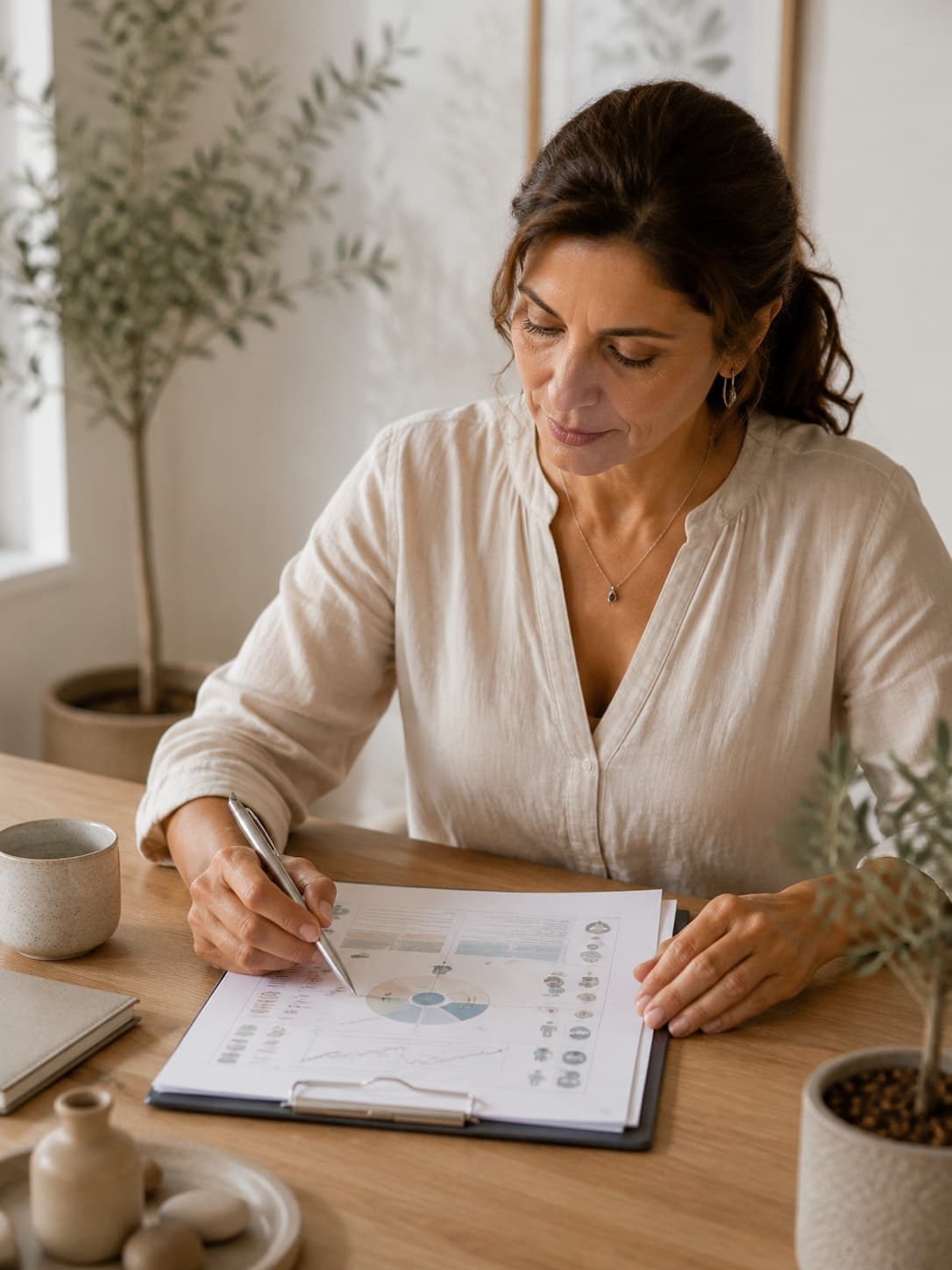 Terapeuta revisando una ficha clínica en su escritorio