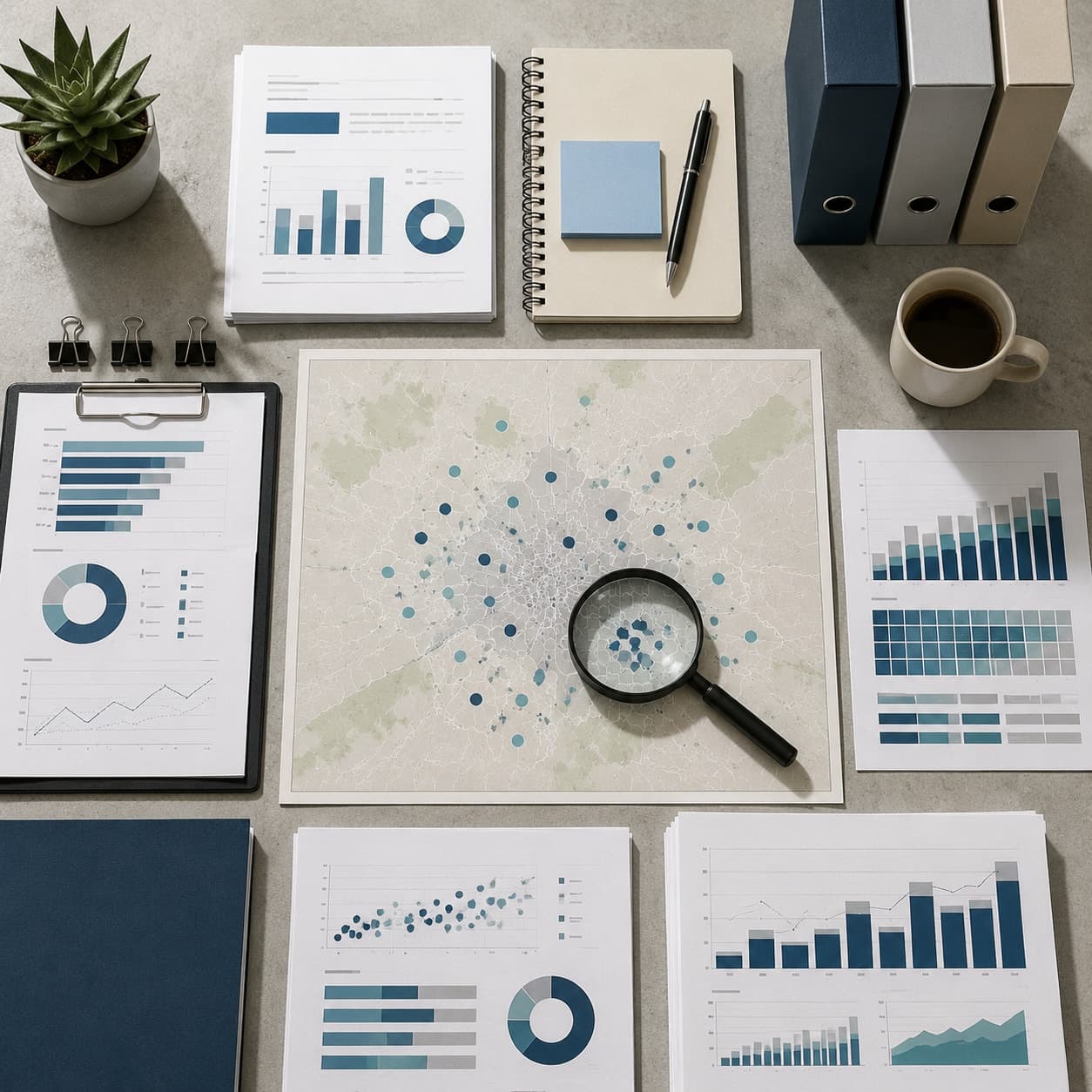 Materiales de investigación y un mapa de Madrid sobre una mesa de trabajo