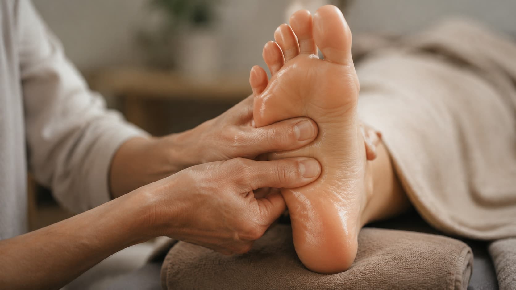 Manos de terapeuta realizando reflexología podal en un pie