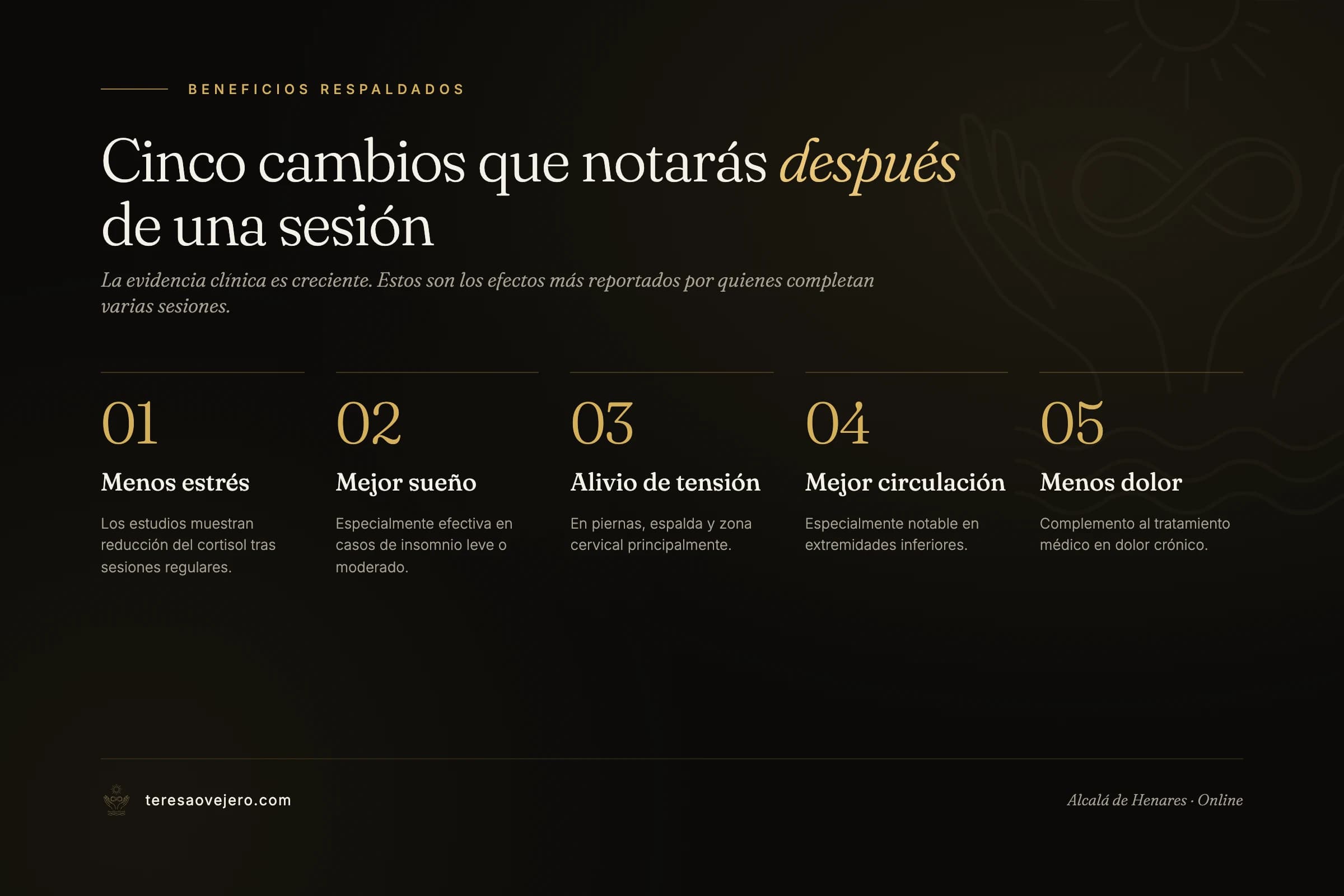 Cinco beneficios respaldados de la reflexología podal: menos estrés, mejor sueño, alivio de tensión muscular, mejor circulación y reducción del dolor crónico.