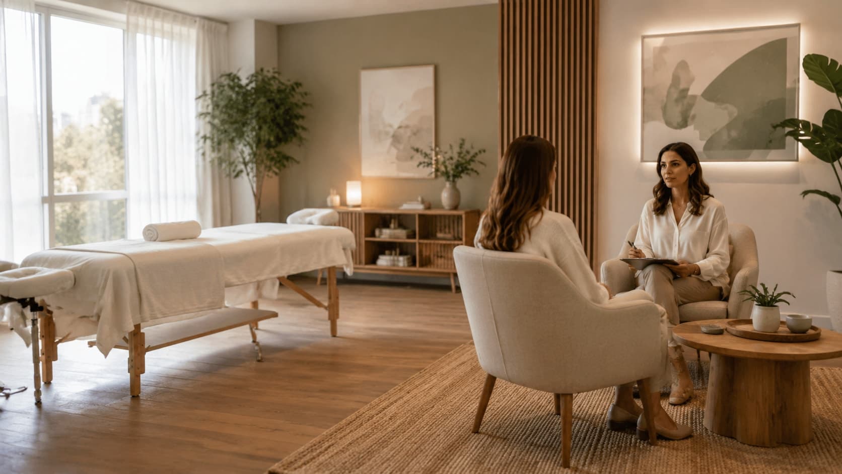 Sala de terapia moderna con camilla y una zona de conversación