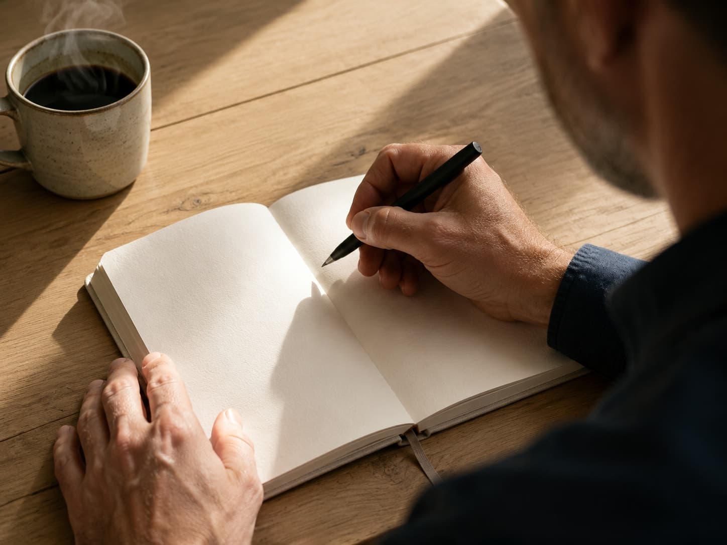 Primer plano de unas manos escribiendo en un cuaderno sobre un escritorio de madera