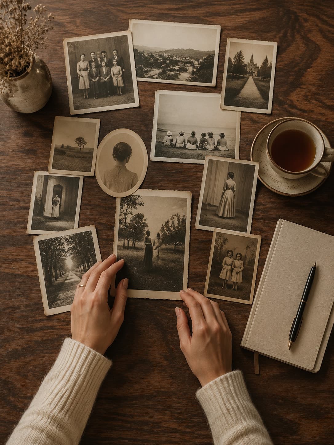 Fotografías familiares antiguas en blanco y negro extendidas sobre una mesa de madera