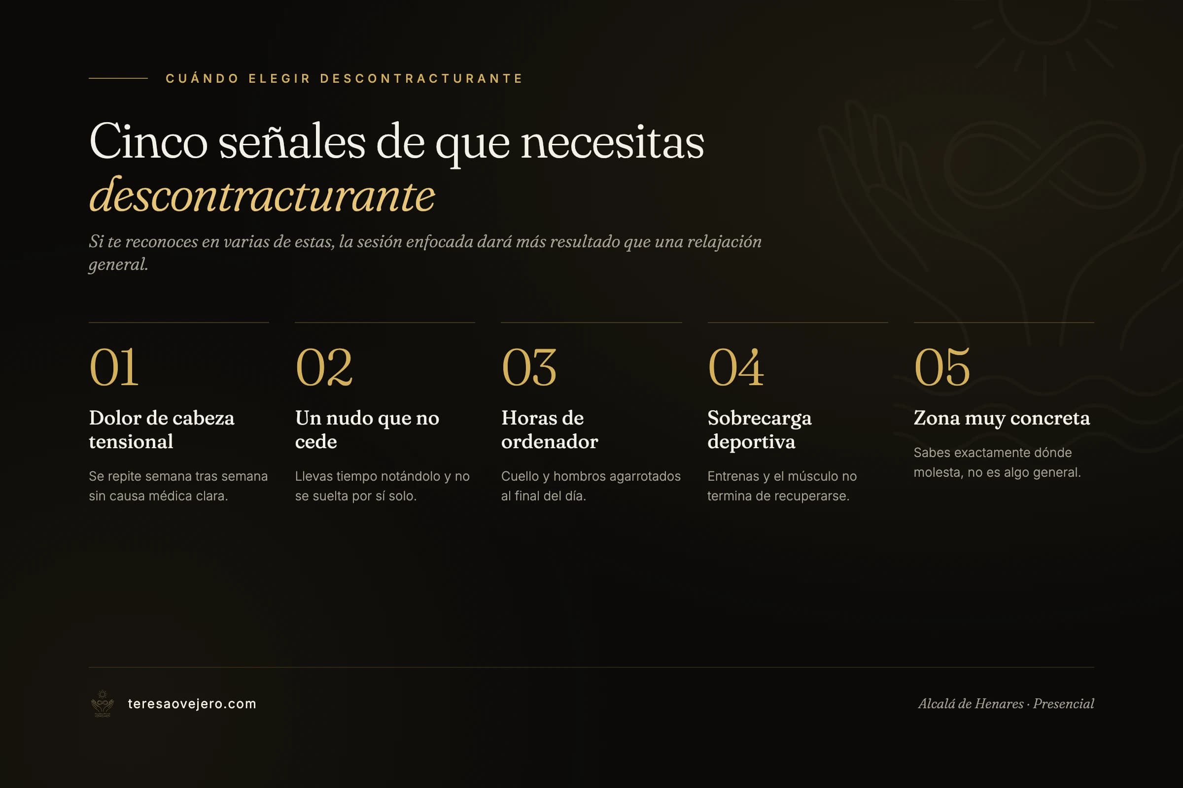 Cinco señales de que necesitas un masaje descontracturante en vez de uno relajante: dolor de cabeza tensional, nudo que no cede, horas frente al ordenador, sobrecarga deportiva y zona muy concreta con molestia.