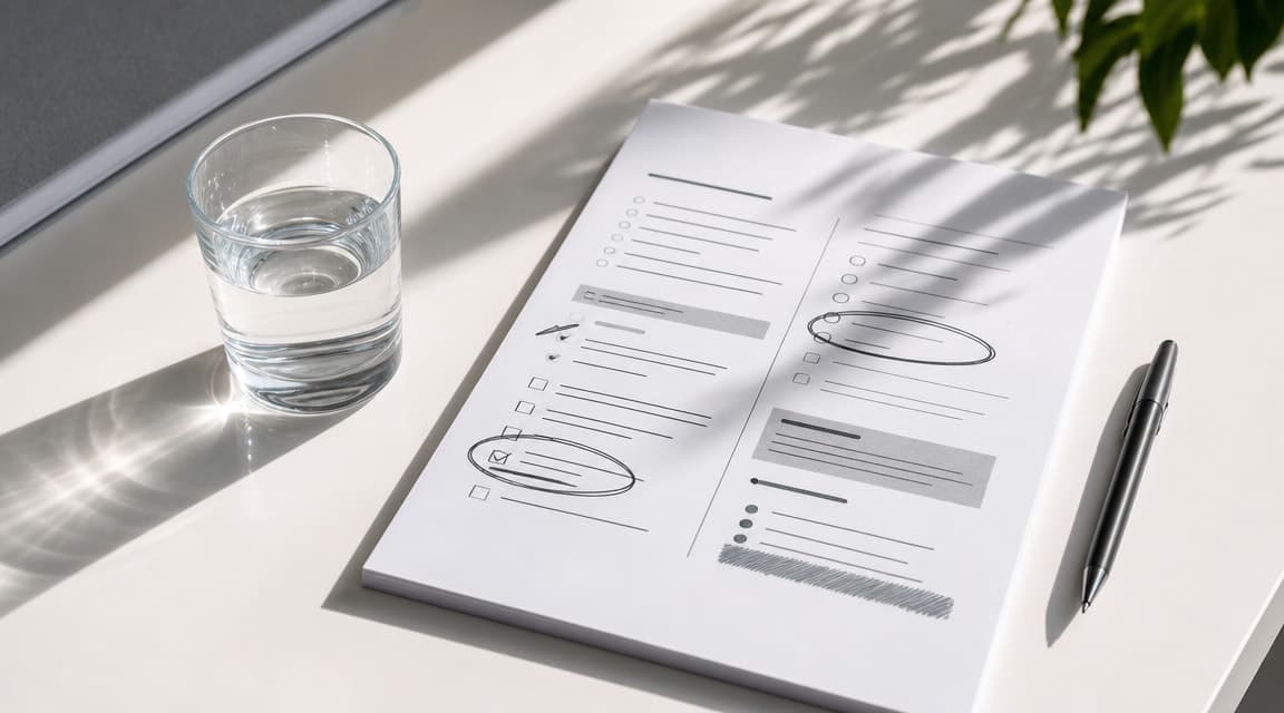 Guía impresa junto a un vaso de agua sobre una mesa