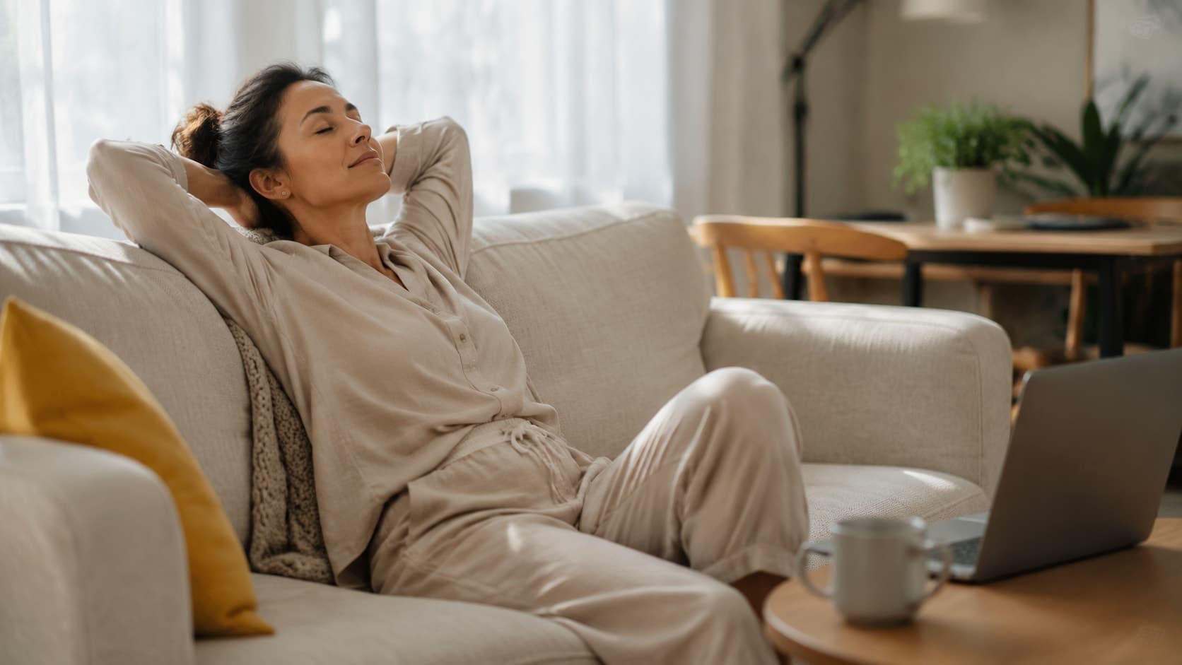 Persona relajándose en el sofá de su casa
