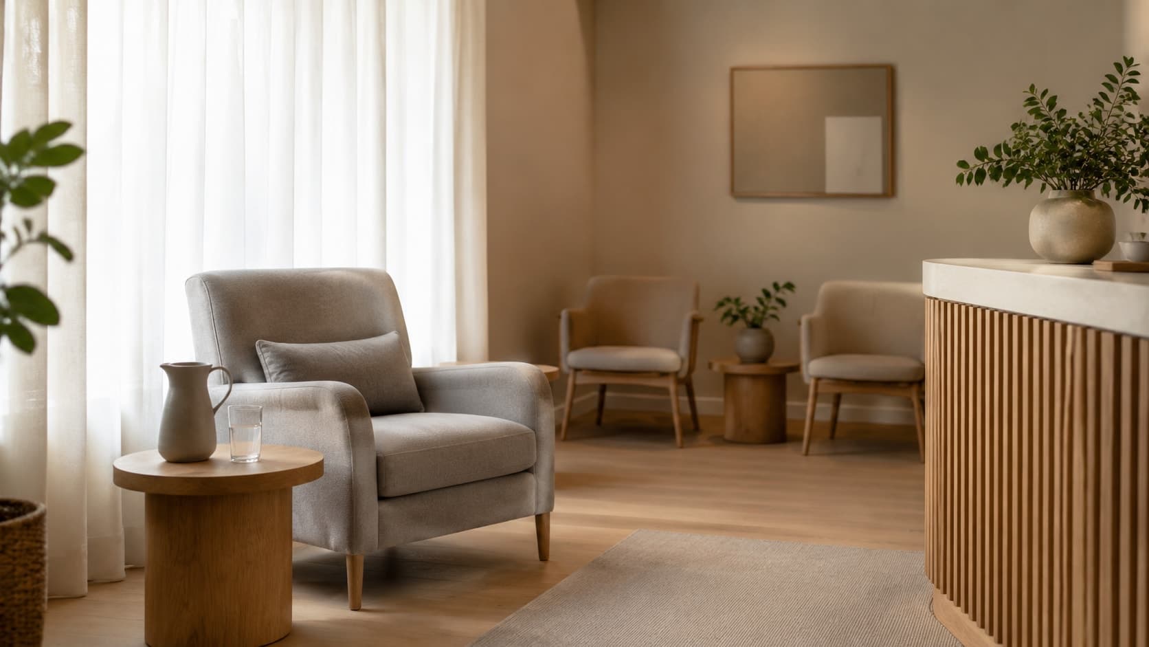 Sala de espera minimalista con tonos neutros y asientos cómodos