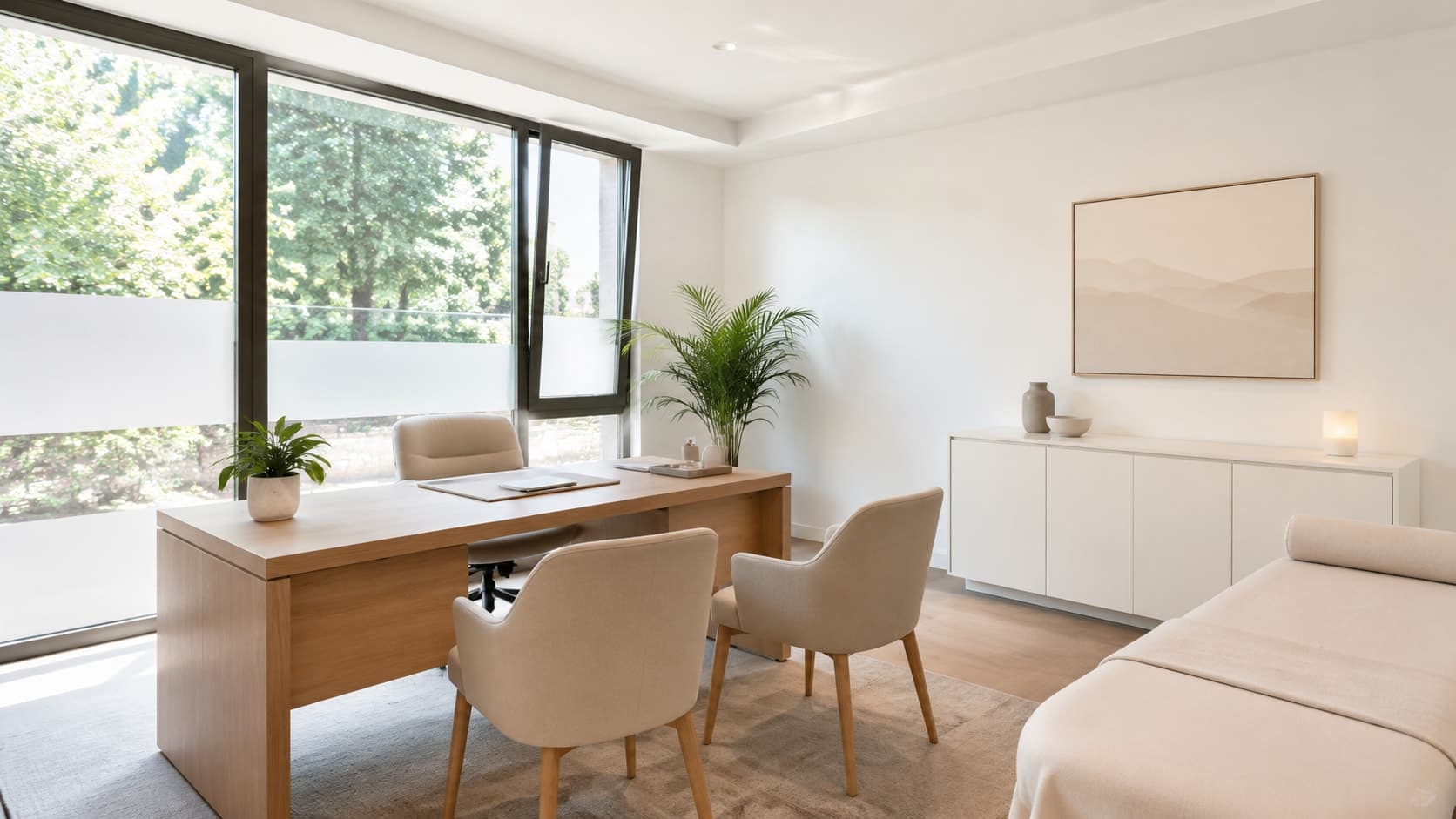 Sala de consulta luminosa y ventilada con tonos neutros