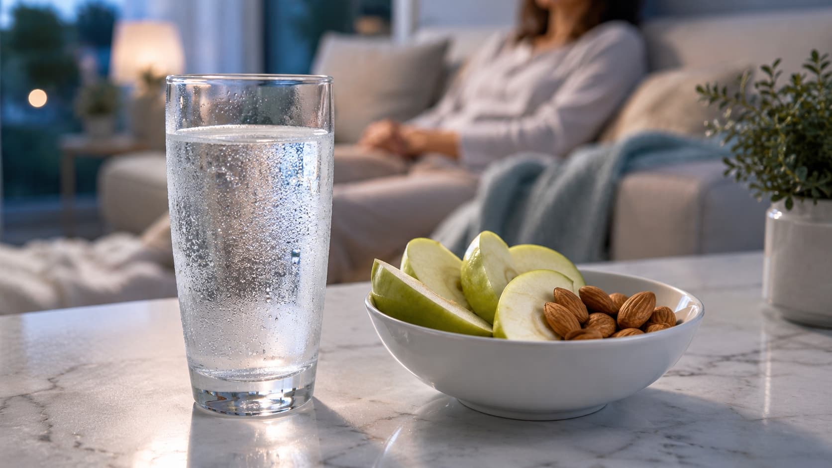 Vaso de agua y un tentempié ligero sobre una encimera