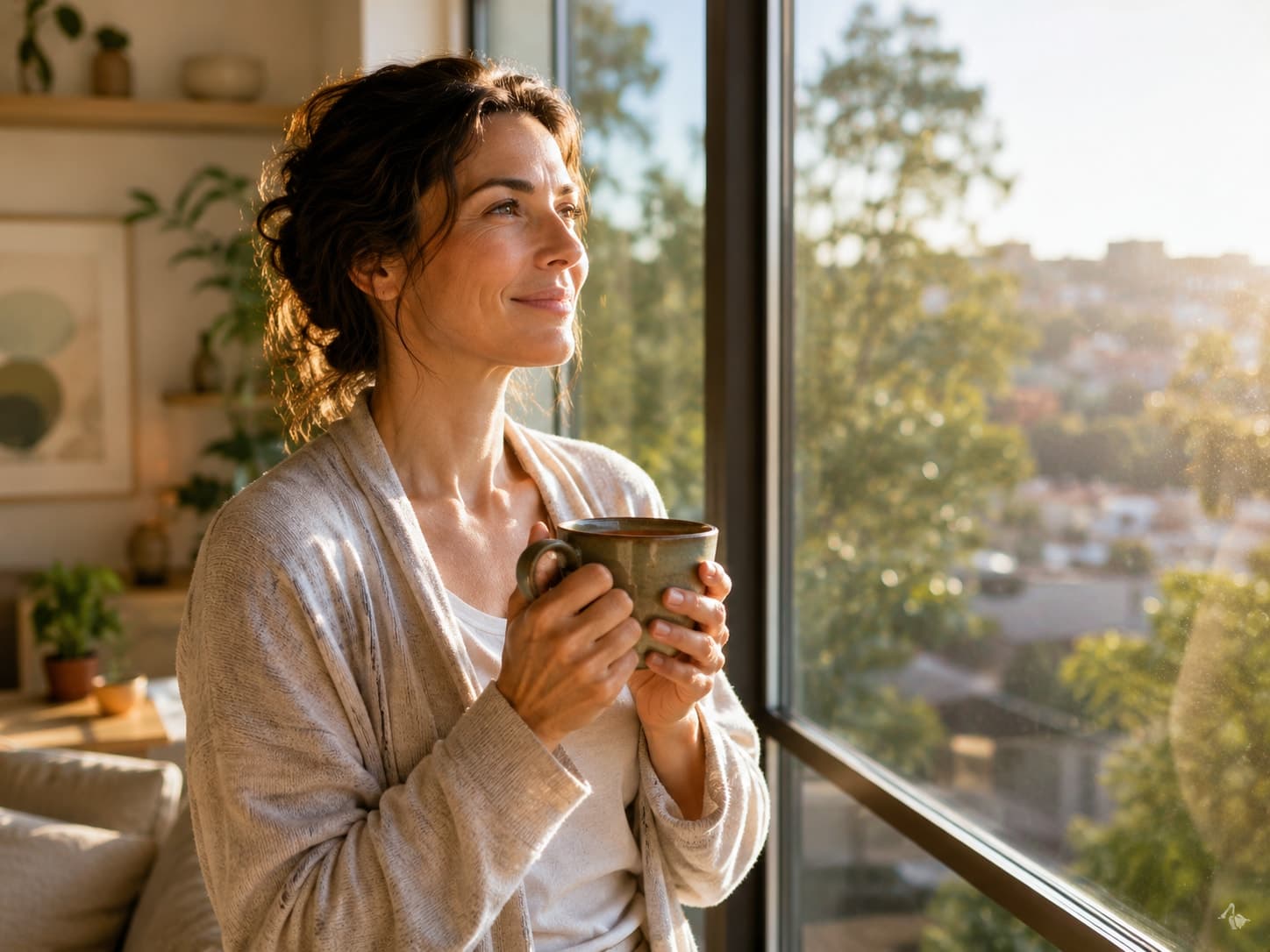Persona mirando por la ventana con expresión serena y renovada
