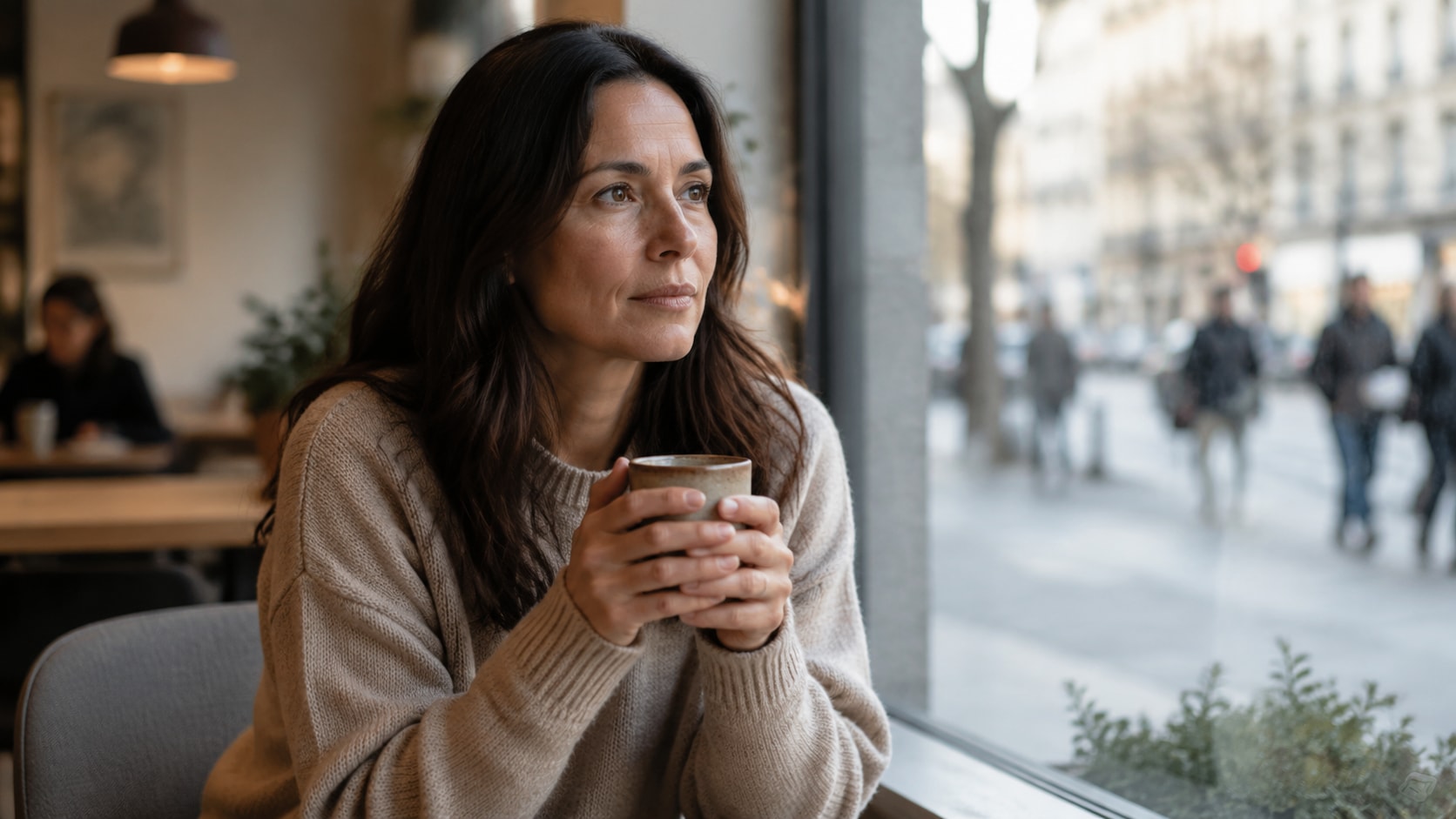 A 38 year old Spanish woman sitting by a large window in a modern