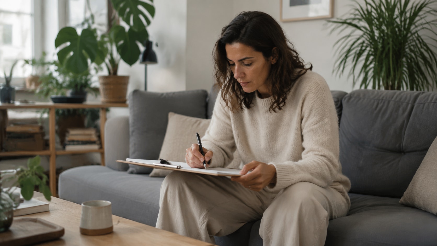A 35 year old woman sitting on a comfortable gray sofa in a bright living room
