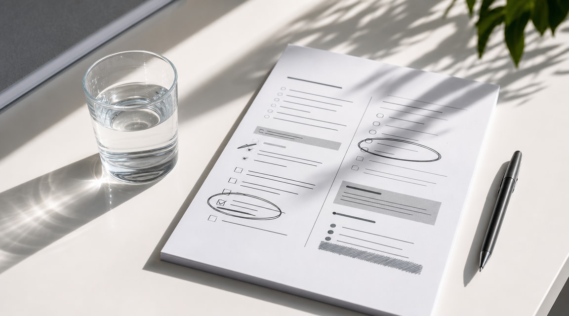 A printed guide or worksheet resting next to a glass of water