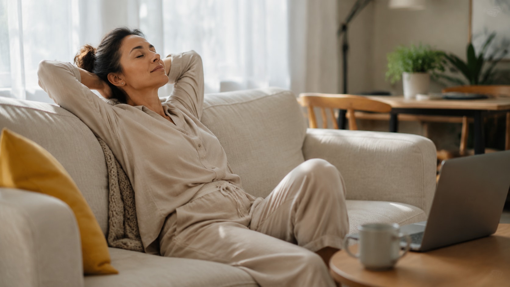 A stressed adult relaxing on a modern sofa at home