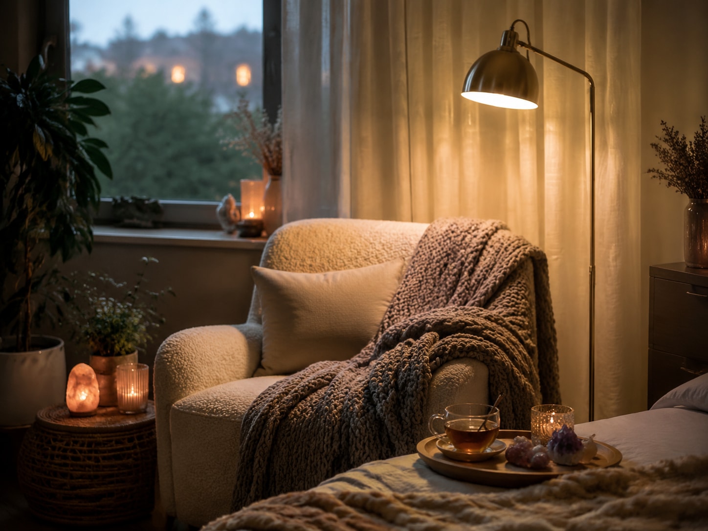 A cozy, private reading nook with a warm lamp and soft blankets