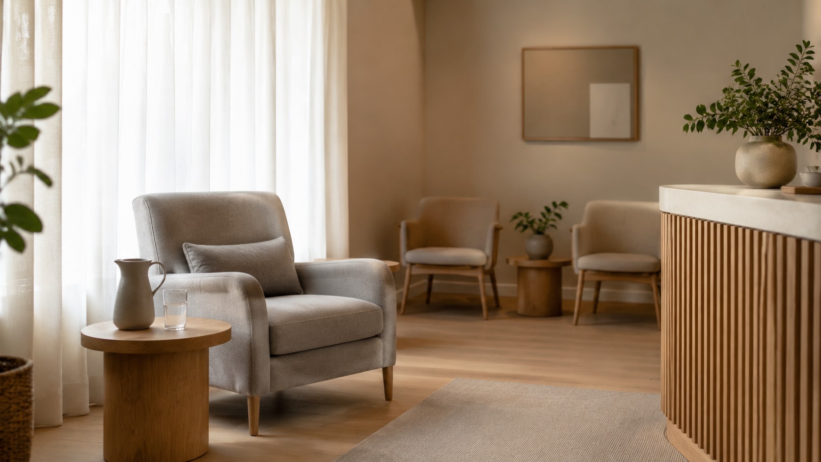 A clean, minimalist waiting area with neutral colors and comfortable seating