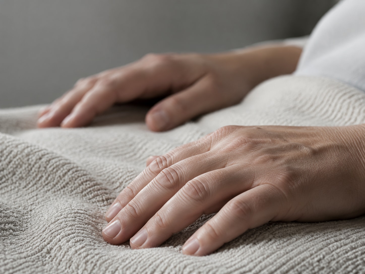A close up of relaxed 2 hands resting on a neutral blanket, showing released muscle tension